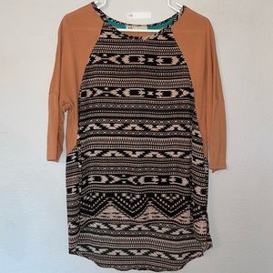 Light Brown and Black Tribal Design High Low Blouse.